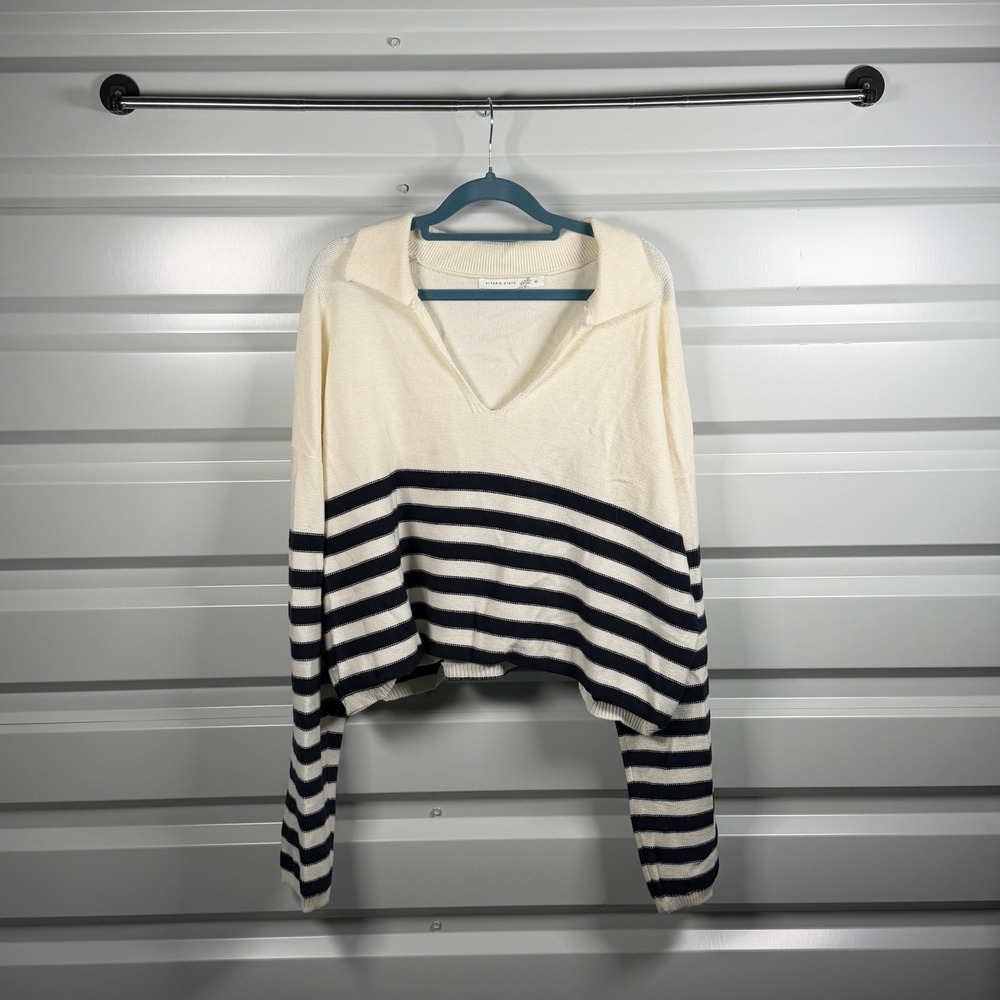 ALTAR STATE Women's Cream Navy Striped Collared V Neck Long Sleeve Sweater XL‎